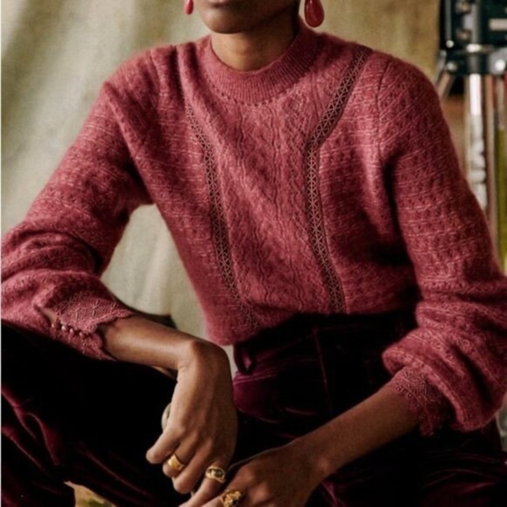 EUC Sézane Cheryl Mohair Wool Lace Trim Sweater Rosewood Large